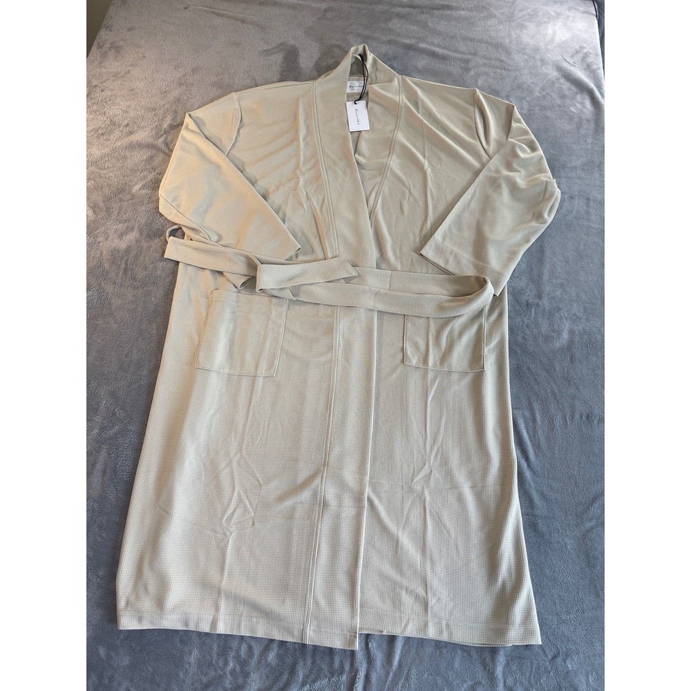 Line & Dot Womens Waffle Knit Robe Beige Tie Waist Pocket Loungewear New